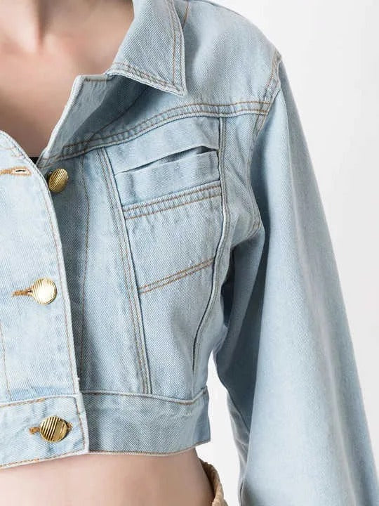 Light blue cropped denim jacket with gold-tone buttons