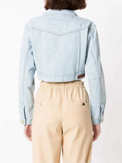 Light blue cropped denim jacket with gold-tone buttons