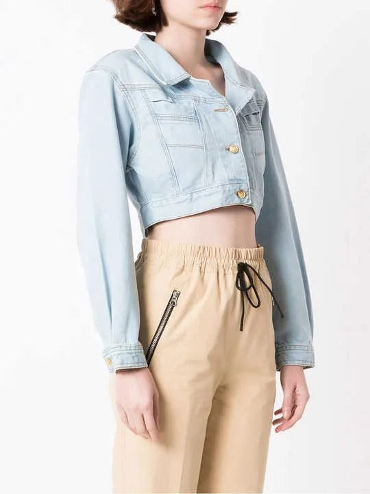 Light blue cropped denim jacket with gold-tone buttons