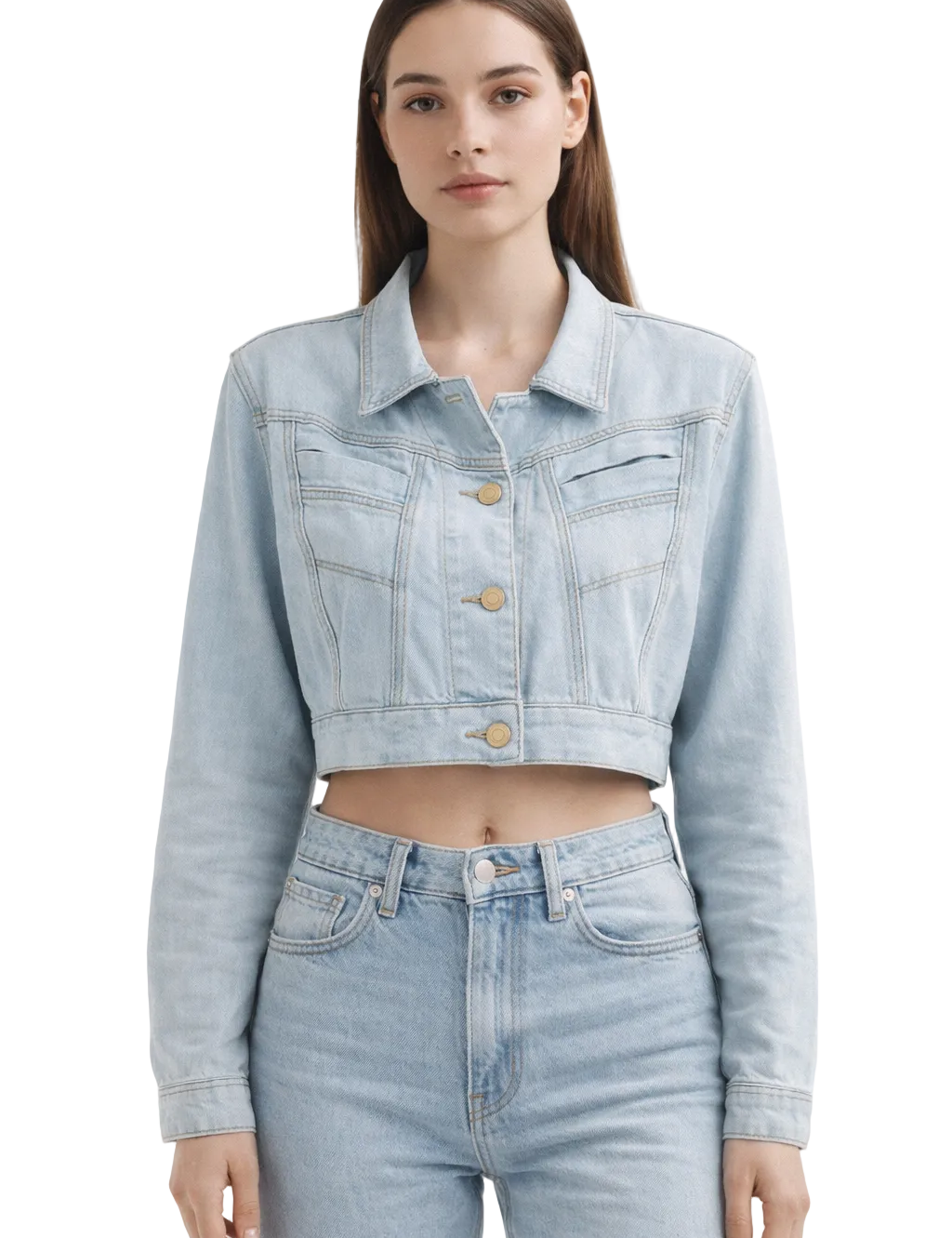 Light blue cropped denim jacket with gold-tone buttons