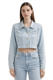 Light blue cropped denim jacket with gold-tone buttons