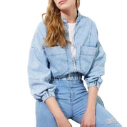 Light blue cropped denim jacket with zip front and patch pockets