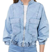 Light blue cropped denim jacket with zip front and patch pockets
