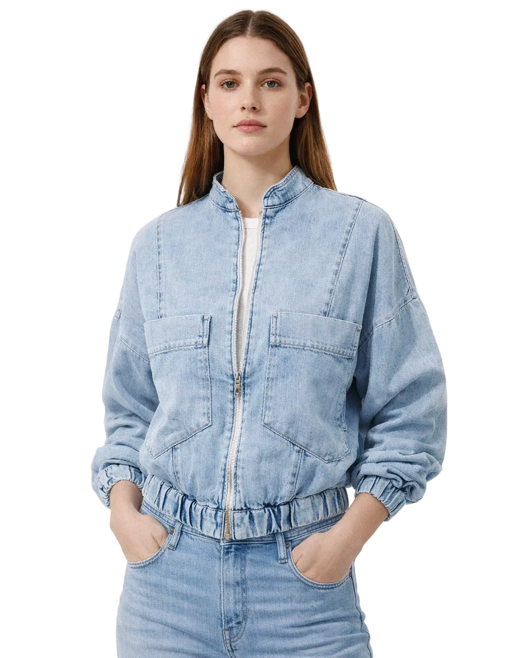 Light blue cropped denim jacket with zip front and patch pockets
