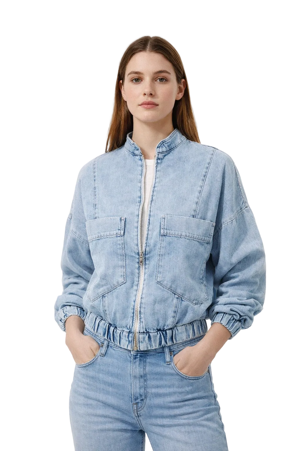 Light blue cropped denim jacket with zip front and patch pockets