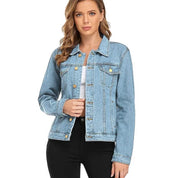 Light blue denim jacket with button front and flap pockets
