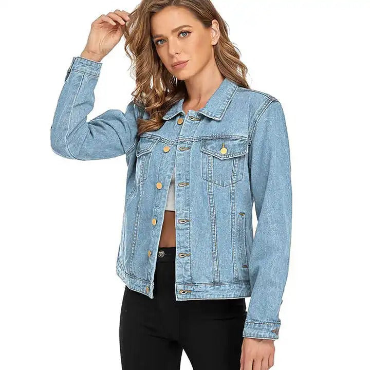 Light blue denim jacket with button front and flap pockets