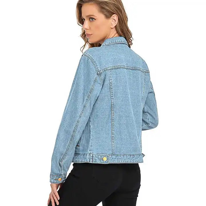 Light blue denim jacket with button front and flap pockets