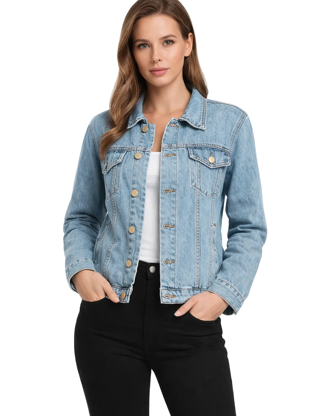 Light blue denim jacket with button front and flap pockets