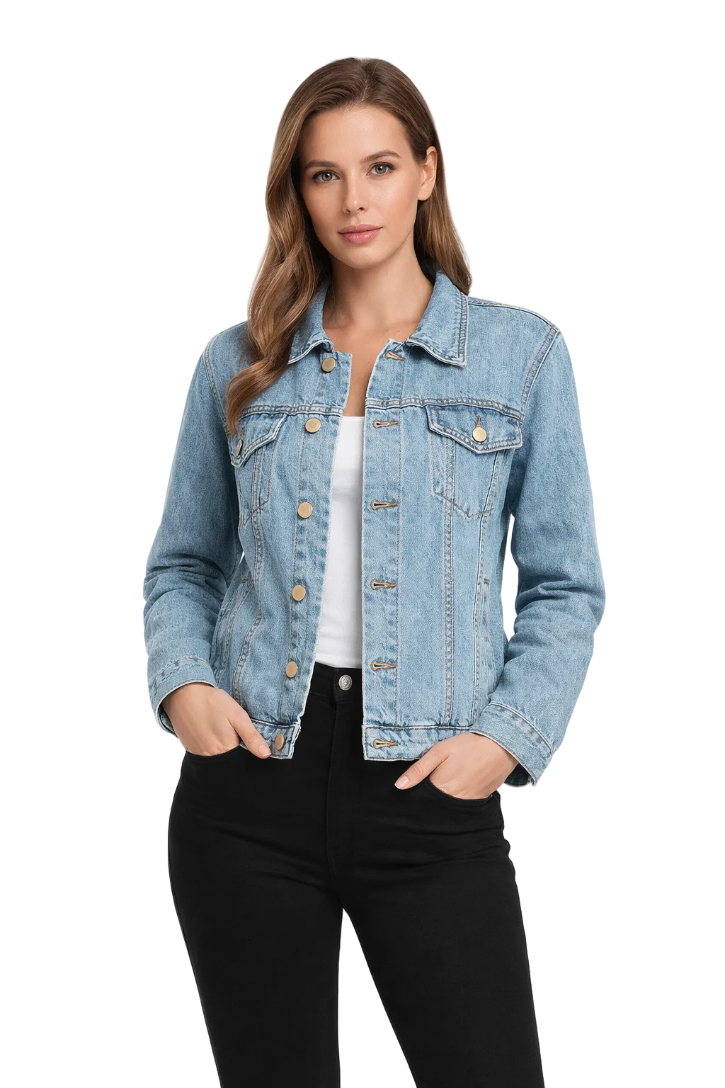 Light blue denim jacket with button front and flap pockets