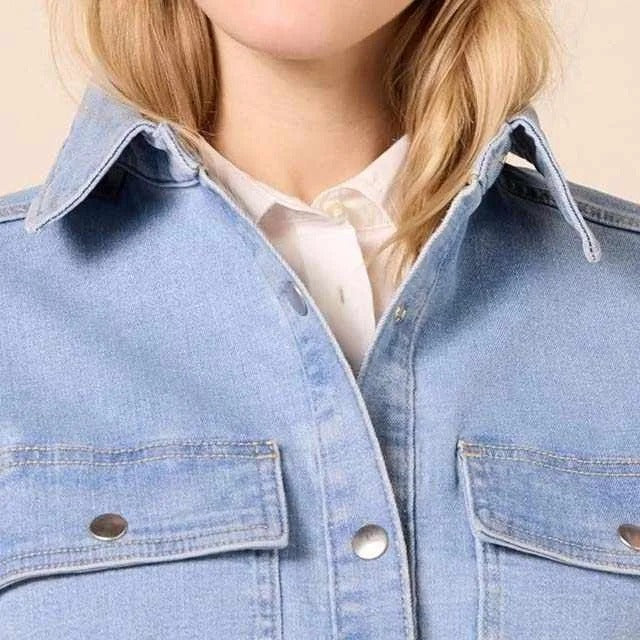 Light blue denim shirt jacket with flap chest pockets