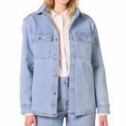 Light blue denim shirt jacket with flap chest pockets