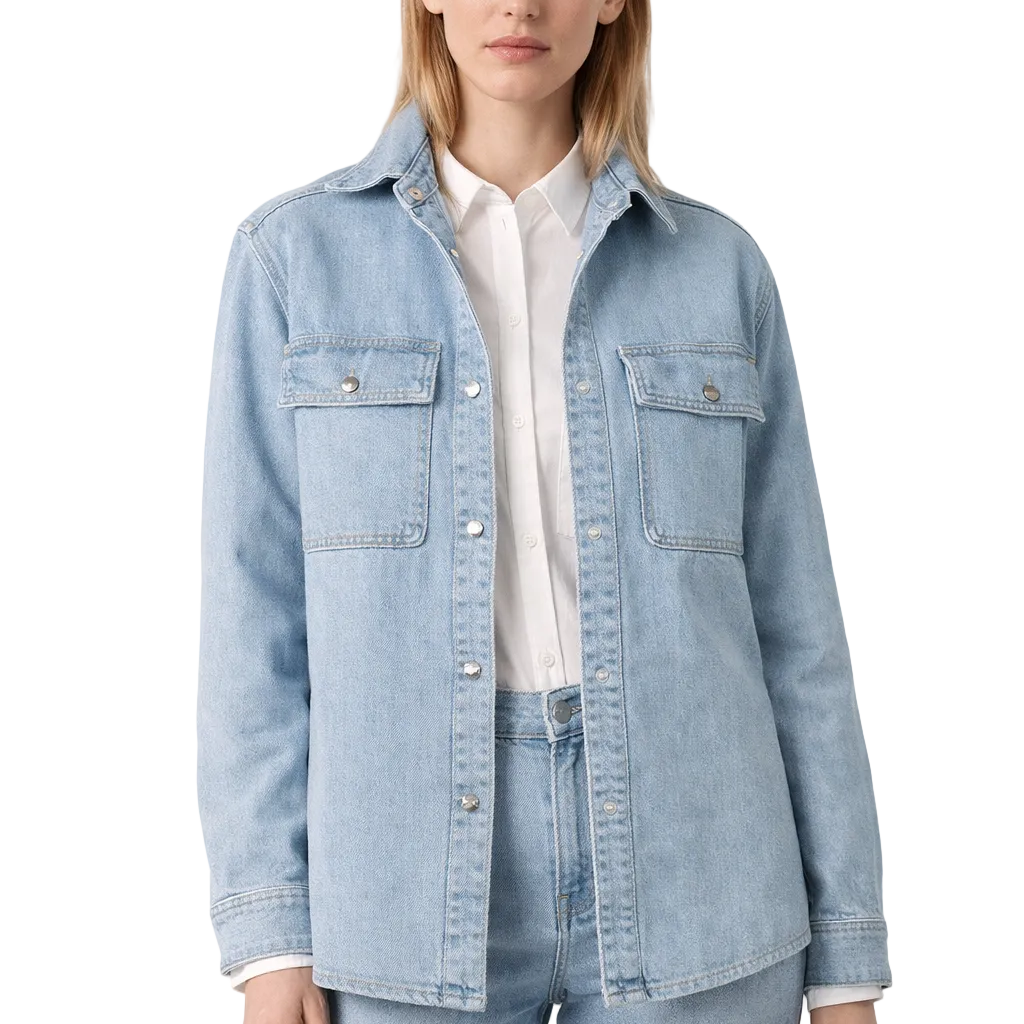 Light blue denim shirt jacket with flap chest pockets
