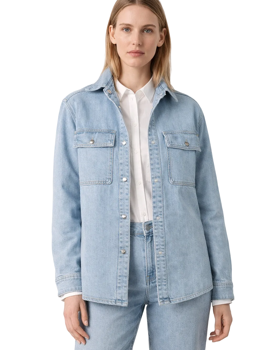 Light blue denim shirt jacket with flap chest pockets