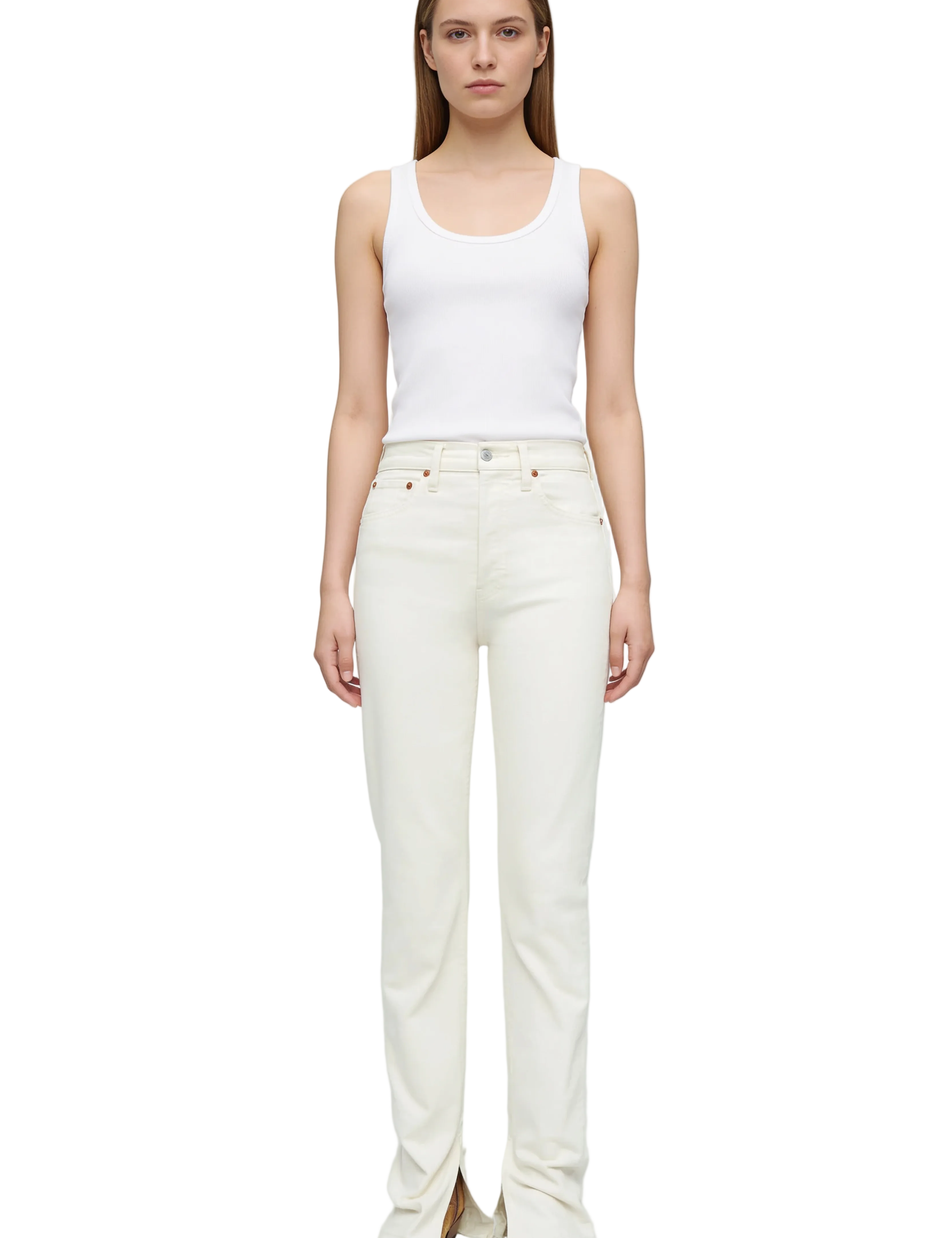 Off-White High-Rise Straight Jeans with Split Hem