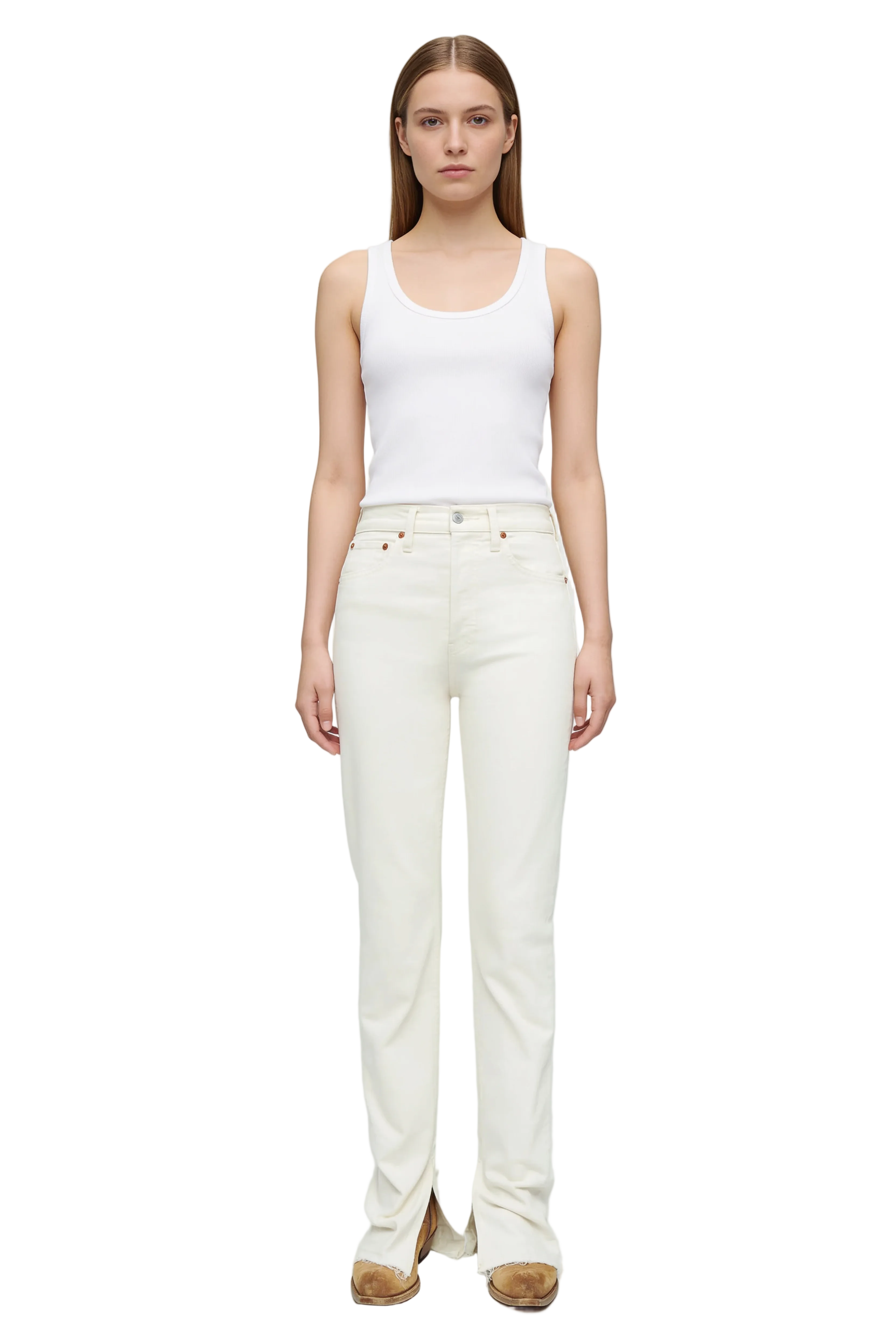 Off-White High-Rise Straight Jeans with Split Hem
