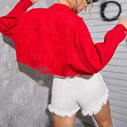 Red cropped jacket with raw hem and button front
