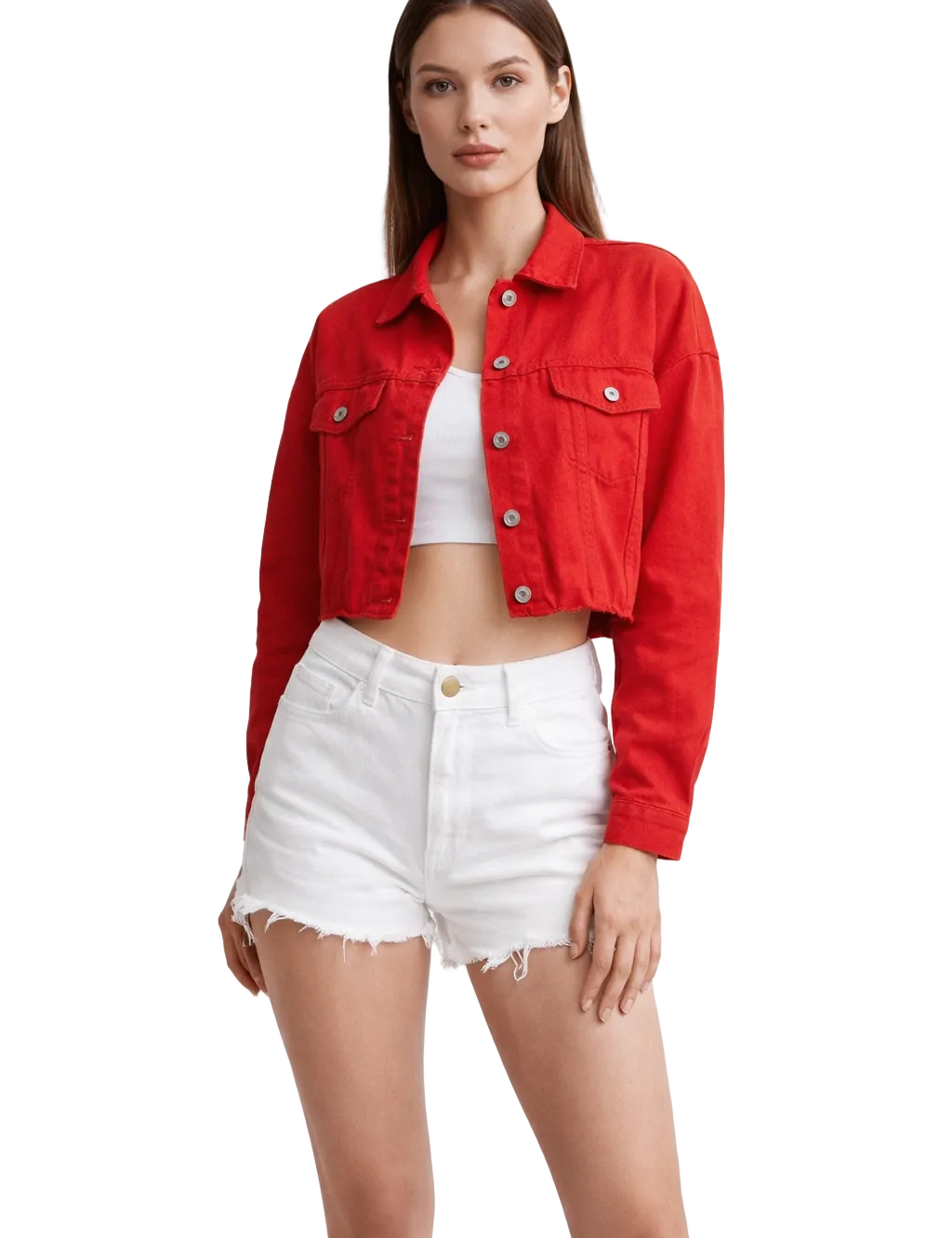 Red cropped jacket with raw hem and button front