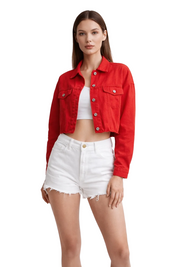 Red cropped jacket with raw hem and button front