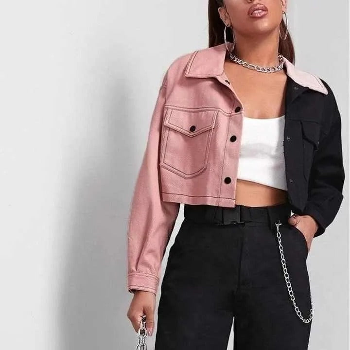 Two-tone cropped jacket with button front and flap pockets