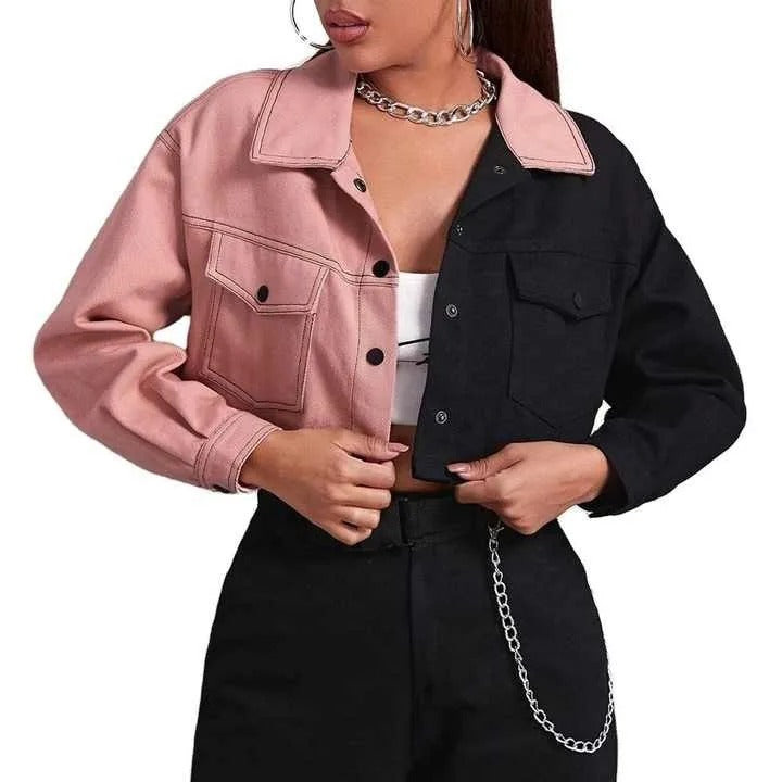 Two-tone cropped jacket with button front and flap pockets