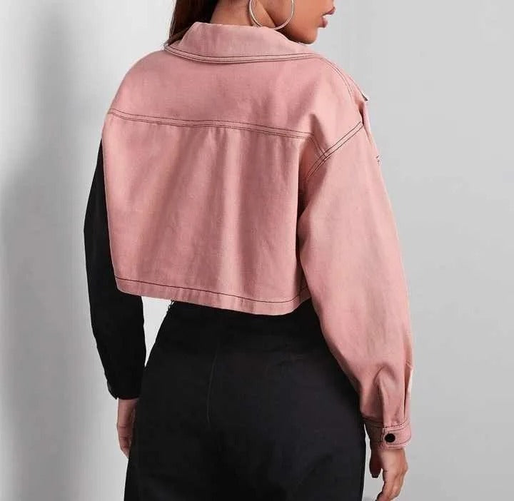 Two-tone cropped jacket with button front and flap pockets