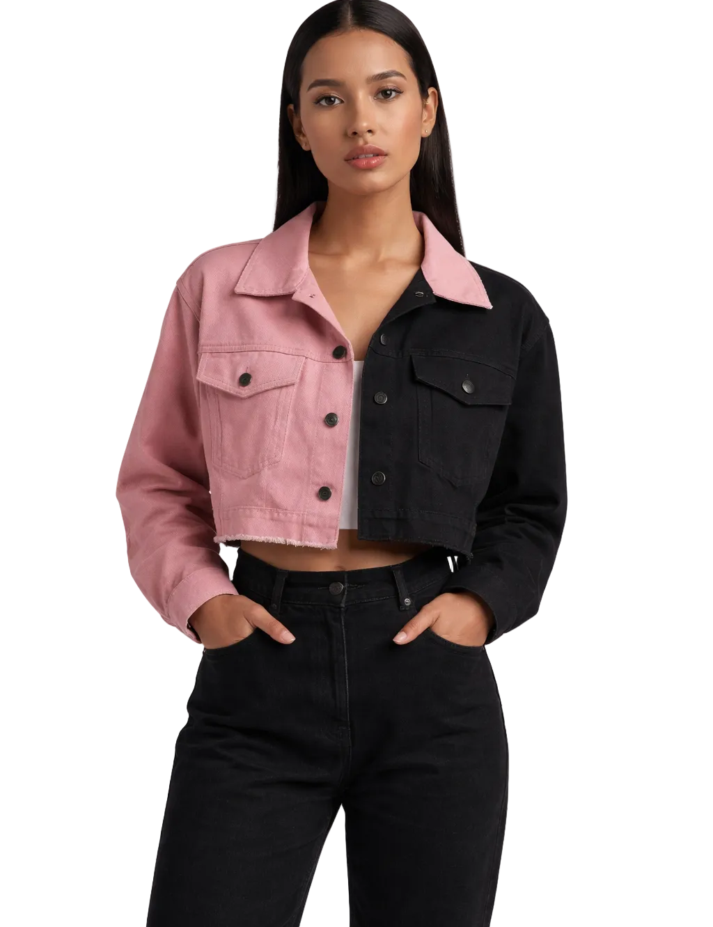 Two-tone cropped jacket with button front and flap pockets