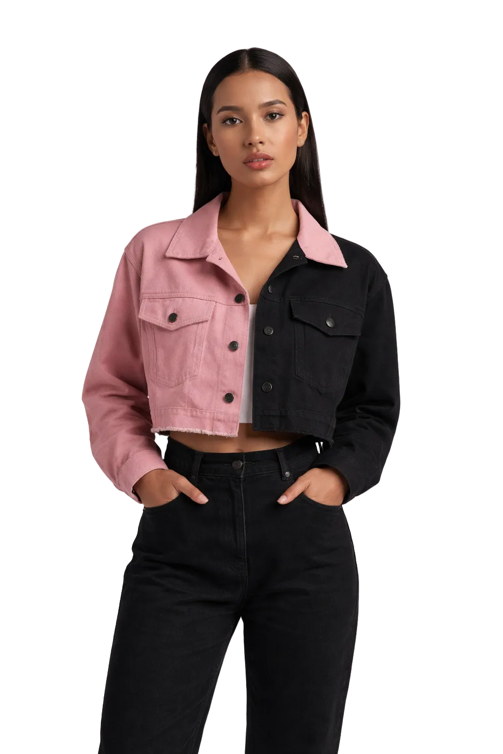 Two-tone cropped jacket with button front and flap pockets