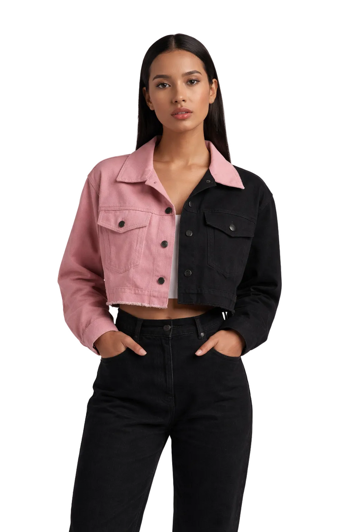 Two-tone cropped jacket with button front and flap pockets