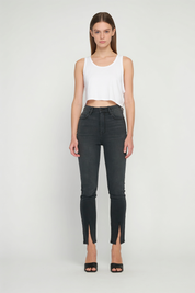 Washed Black High-Rise Skinny Jeans with Front Slit Hem