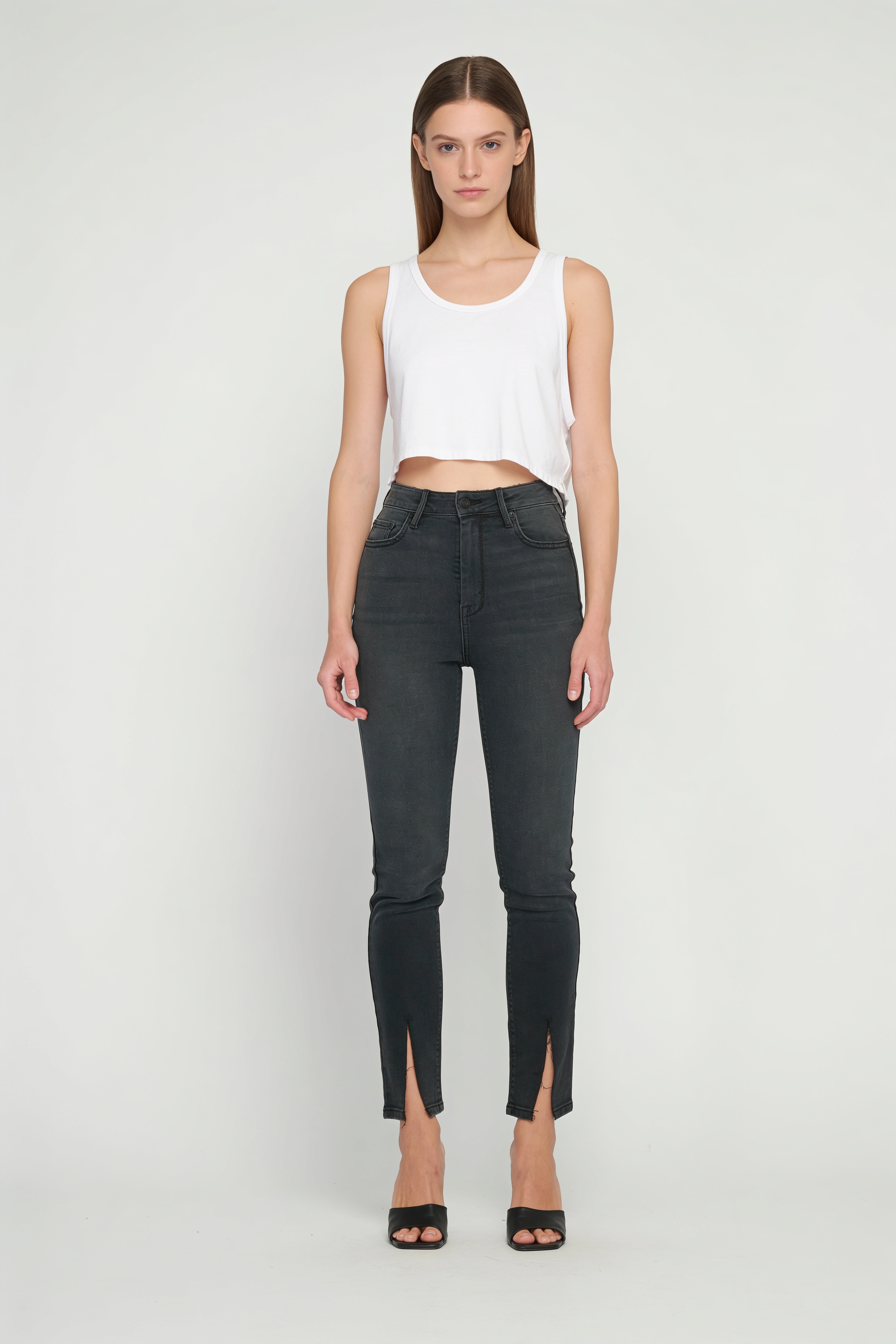 Washed Black High-Rise Skinny Jeans with Front Slit Hem
