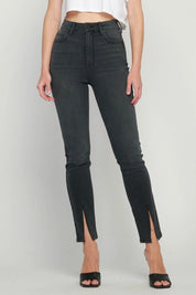 Washed Black High-Rise Skinny Jeans with Front Slit Hem