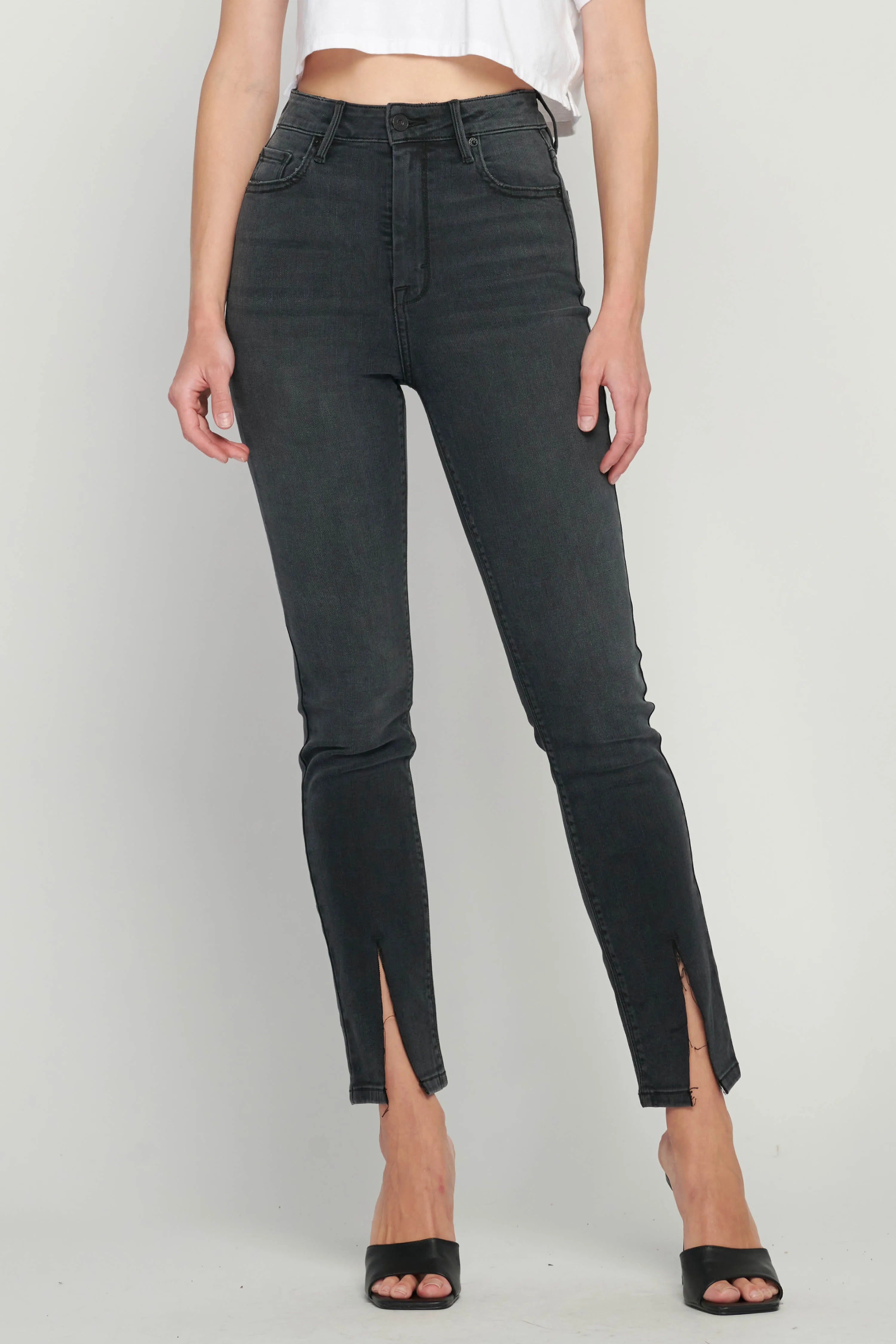 Washed Black High-Rise Skinny Jeans with Front Slit Hem