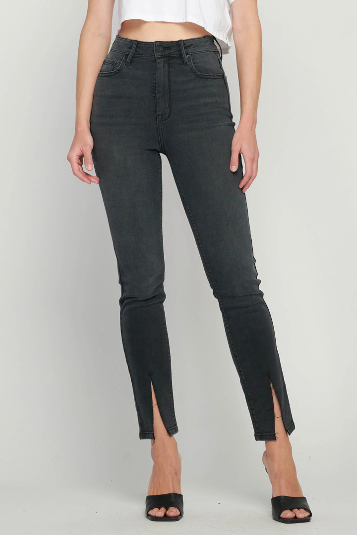 Washed Black High-Rise Skinny Jeans with Front Slit Hem