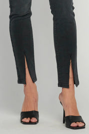 Washed Black High-Rise Skinny Jeans with Front Slit Hem