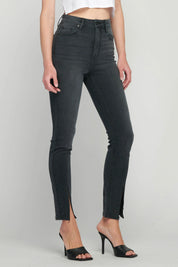 Washed Black High-Rise Skinny Jeans with Front Slit Hem