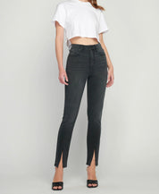 Washed Black High-Rise Skinny Jeans with Front Slit Hem