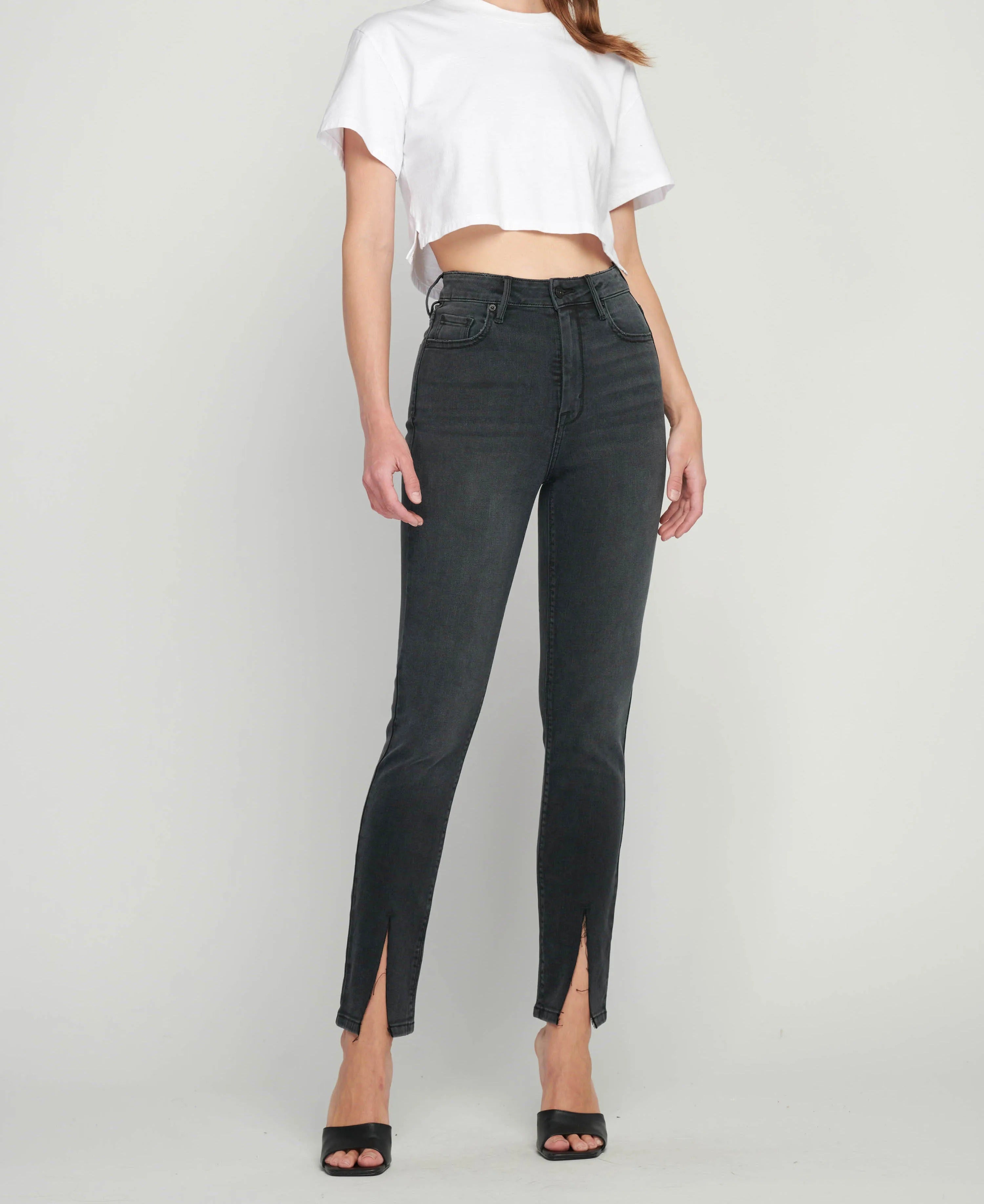 Washed Black High-Rise Skinny Jeans with Front Slit Hem