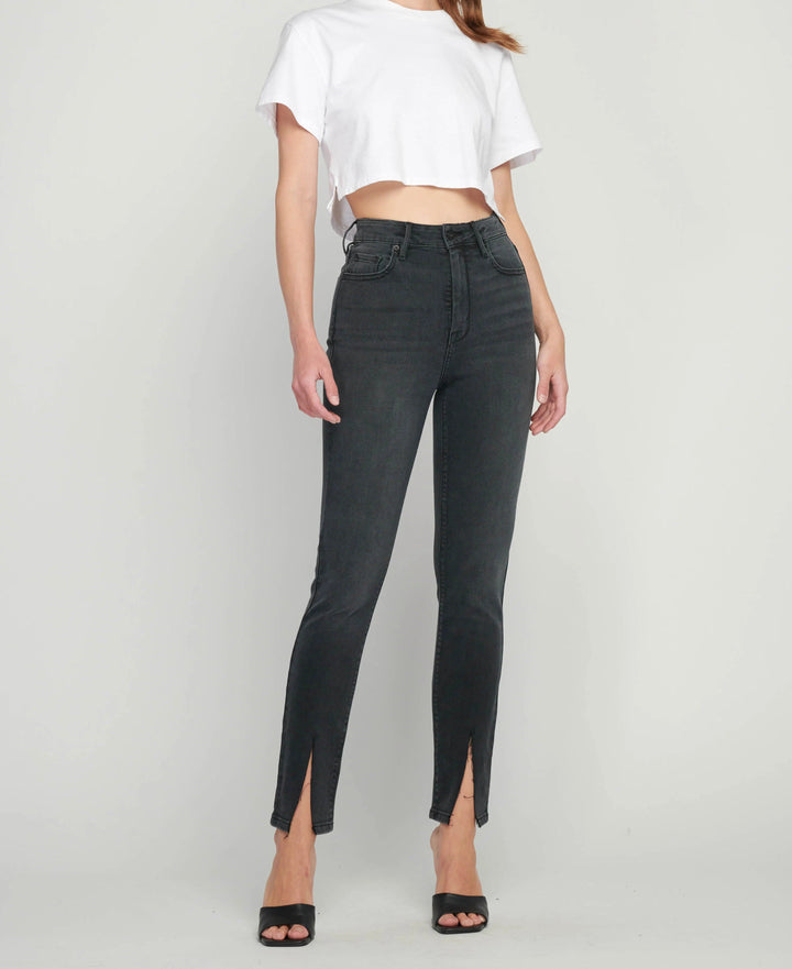 Washed Black High-Rise Skinny Jeans with Front Slit Hem