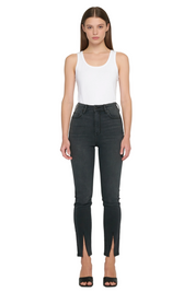 Washed Black High-Rise Skinny Jeans with Front Slit Hem