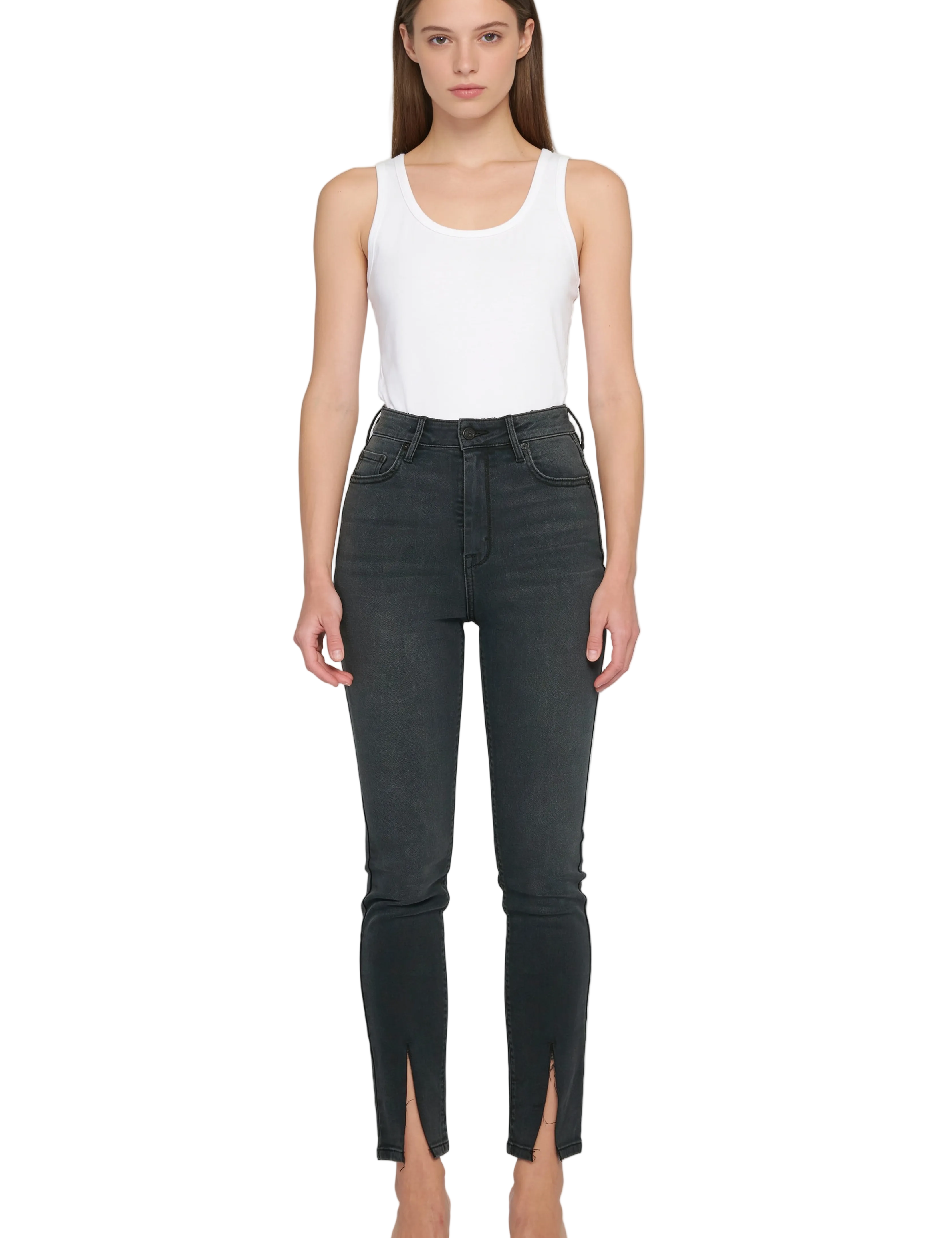 Washed Black High-Rise Skinny Jeans with Front Slit Hem