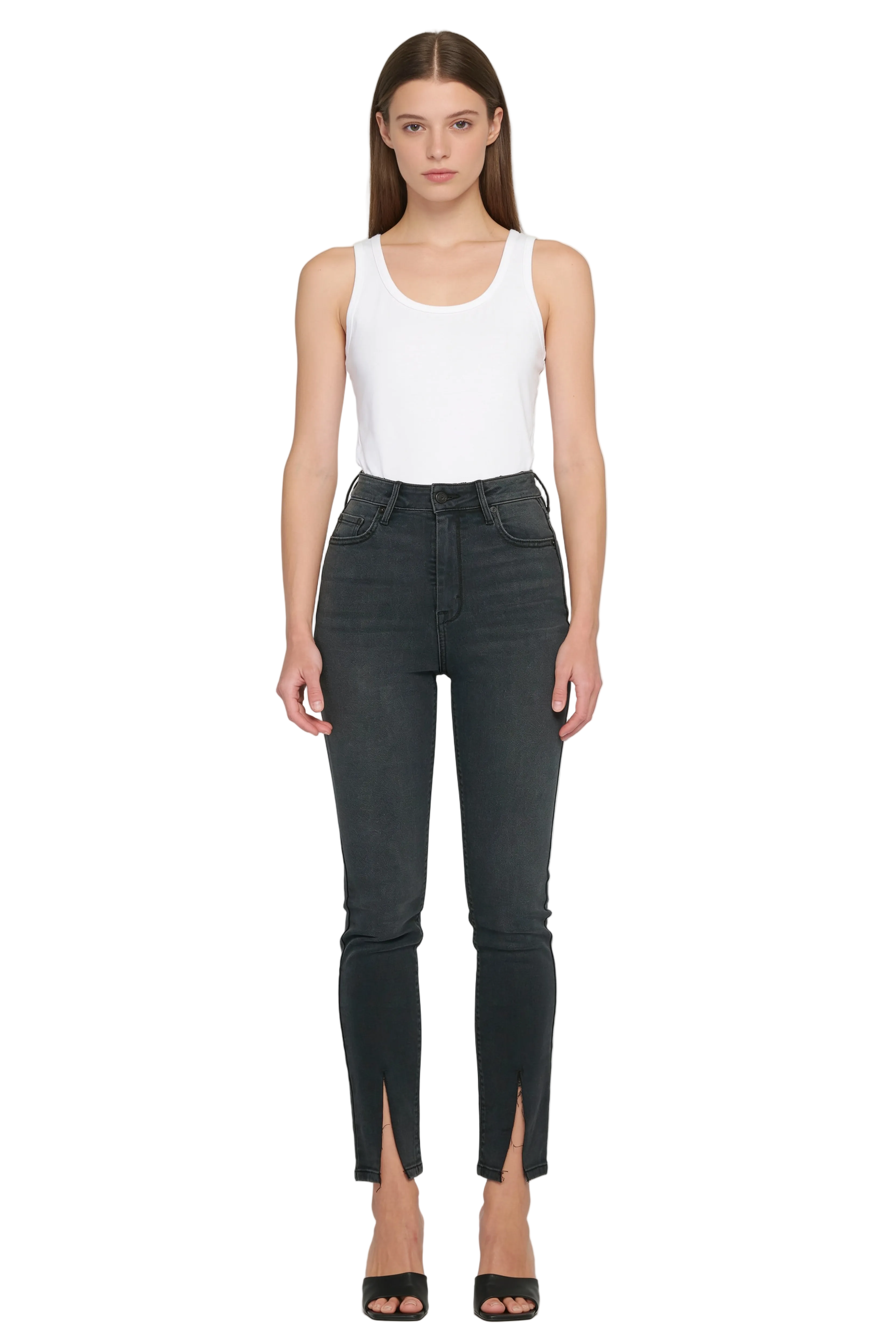 Washed Black High-Rise Skinny Jeans with Front Slit Hem