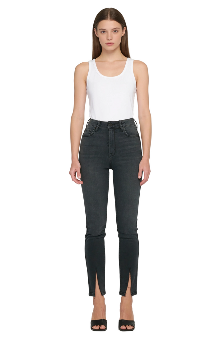 Washed Black High-Rise Skinny Jeans with Front Slit Hem