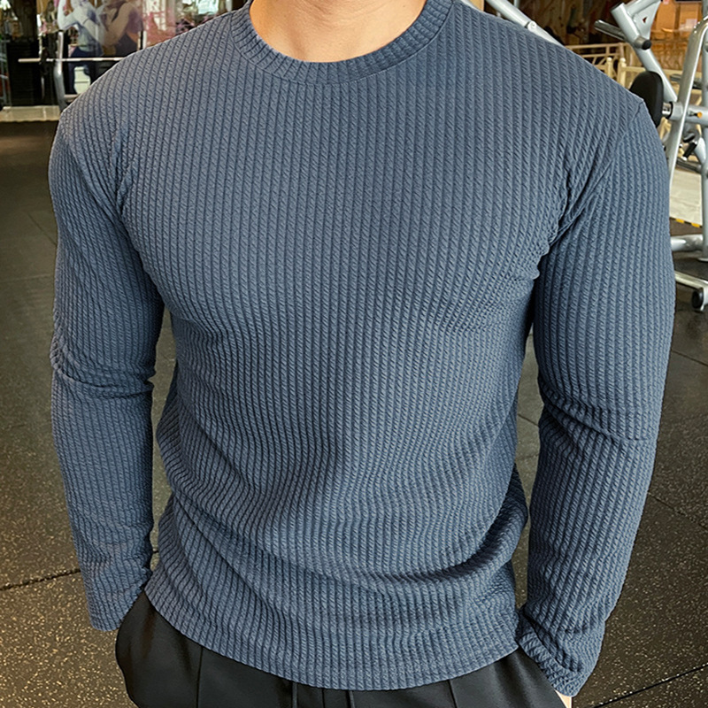 Men's Ribbed Knit Sweater with Slim Fit Long Sleeves - light blue