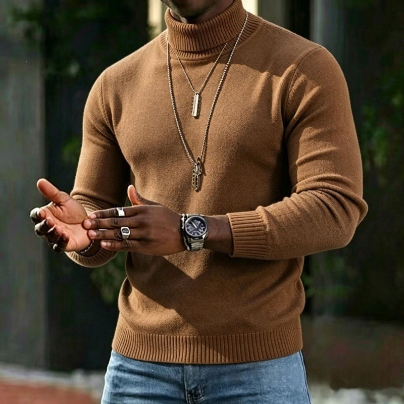 Men's Turtleneck Sweater with Slim Fit Winter Knit - brown
