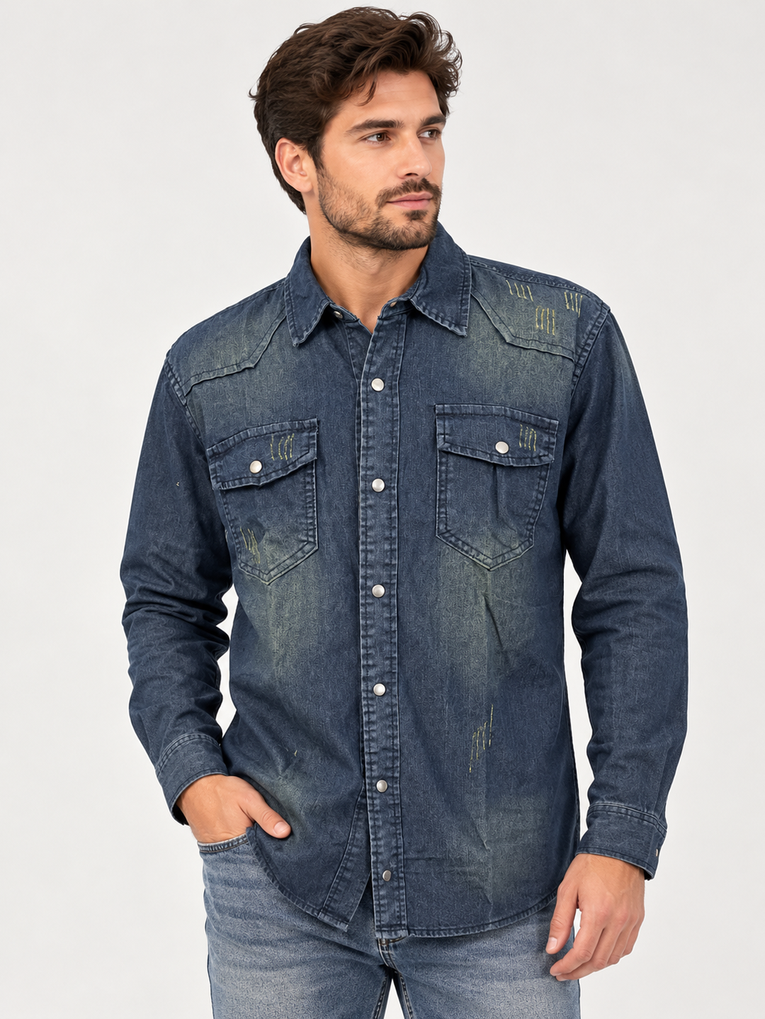 Men's Denim Western Shirt with Slim Fit Snap Buttons - dark blue