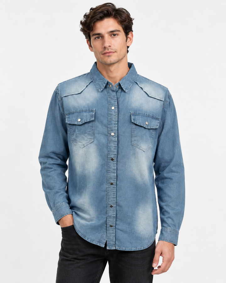 Men's Denim Western Shirt with Slim Fit Snap Buttons - light blue