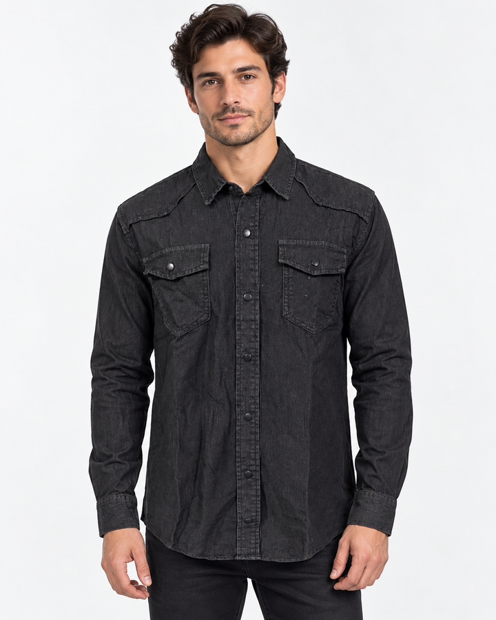 Men's Denim Western Shirt with Slim Fit Snap Buttons - black