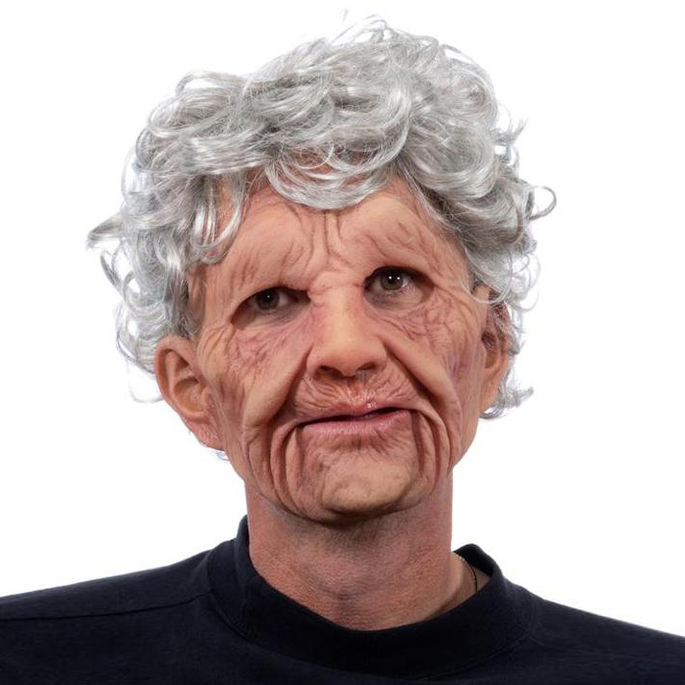 Halloween Elderly Character Mask with Full Face Curly Hair - white