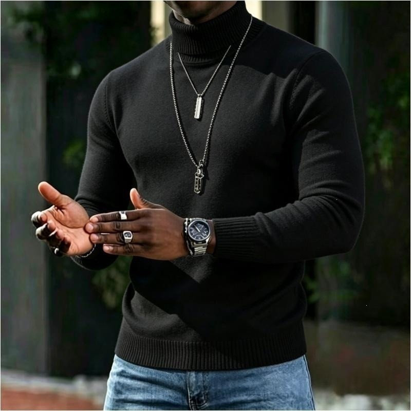Men's Turtleneck Sweater with Slim Fit Winter Knit - black